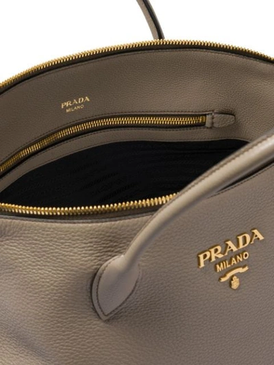Shop Prada Logo Plaque Tote Bag In Brown