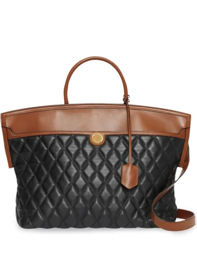Shop Burberry Quilted Lambskin Society Top Handle Bag In Black