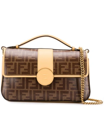 Shop Fendi Brown And Beige Double F Logo Leather Shoulder Bag