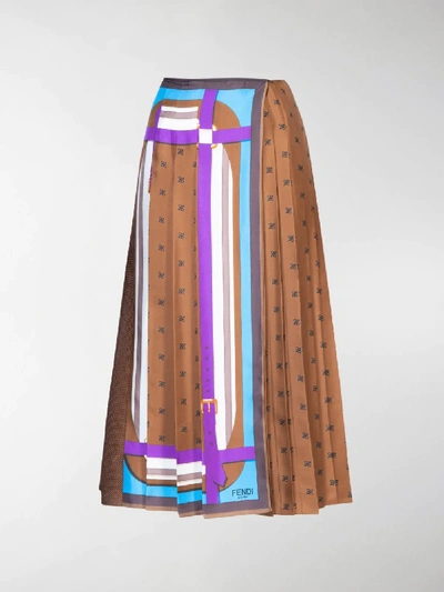 Shop Fendi Karligrafi Scarf Pleated Skirt In Brown
