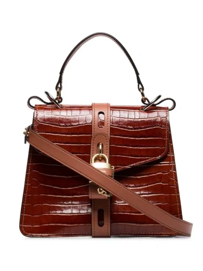 BROWN ABY CROC-EMBOSSED LEATHER SHOULDER BAG