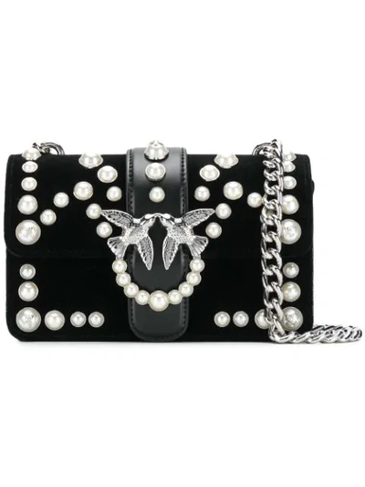 Shop Pinko Mini Love Velvet Pearls 1 Shoulder Bag In Black
