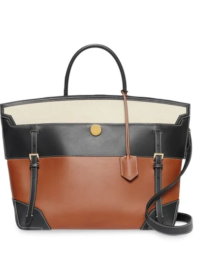 Shop Burberry Tri-tone Leather And Canvas Society Top Handle Bag In Brown