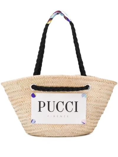 Shop Emilio Pucci Logo Print Raffia Basket Bag In B53 Naturale/bruciato-ce