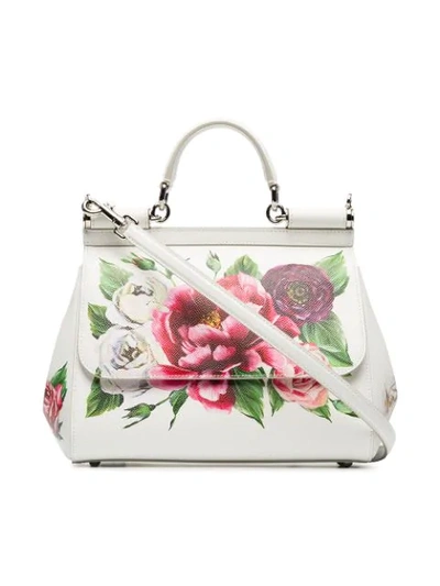 Shop Dolce & Gabbana White, Red And Green Sicily Rose Print Leather Handbag