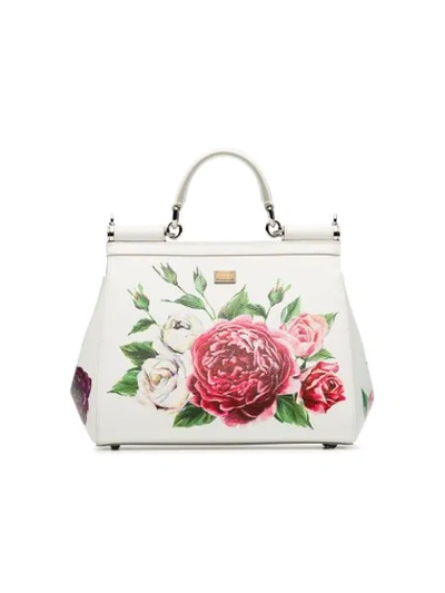 Shop Dolce & Gabbana White, Red And Green Sicily Rose Print Leather Handbag