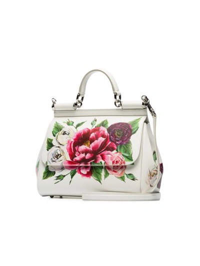 Shop Dolce & Gabbana White, Red And Green Sicily Rose Print Leather Handbag