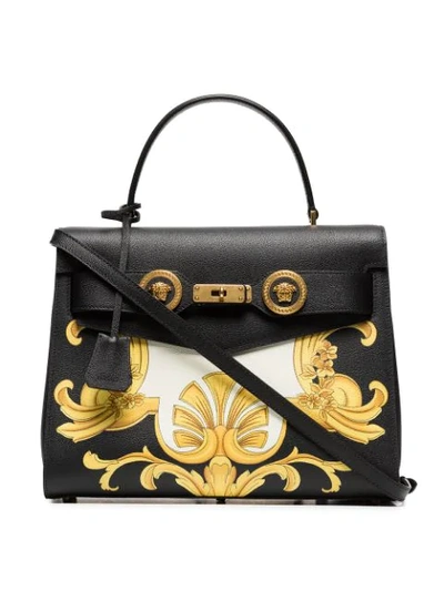 Shop Versace Black, White And Yellow Barocco Print Icon Leather Bag In K4mjt