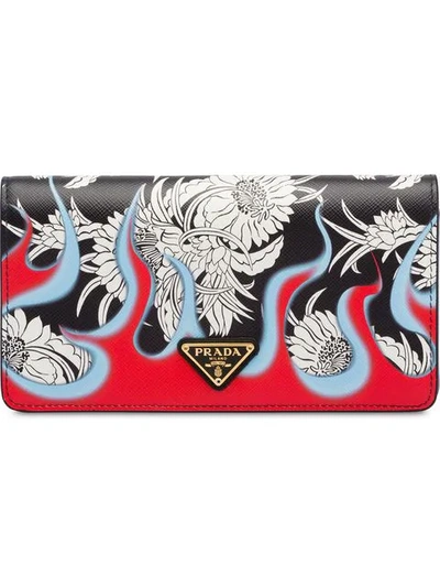 Shop Prada Dahlia Flame Print Saffiano Mini Bag In Black