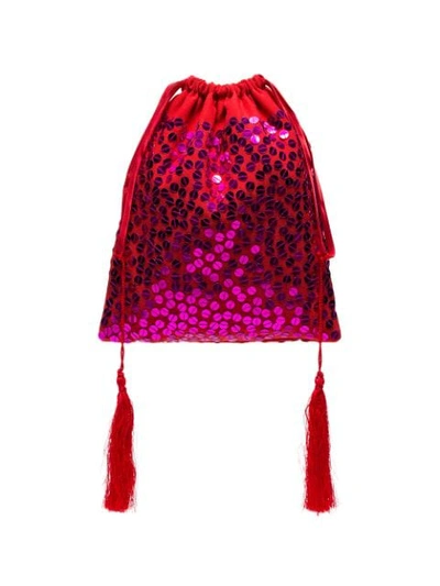 Shop Attico Sequin Drawstring Pouch Bag In  Red