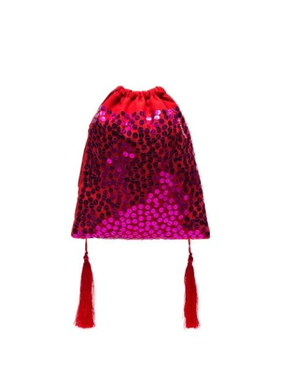 Shop Attico Sequin Drawstring Pouch Bag In  Red