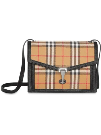 BURBERRY SMALL VINTAGE CHECK AND LEATHER CROSSBODY BAG - 大地色