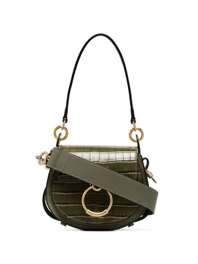 Shop Chloé Mini Tess Crocodile-effect Bag In Green