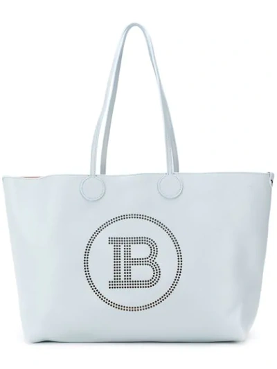 Shop Balmain Perforated Monogram Tote Bag In 9ac Gris Bleau