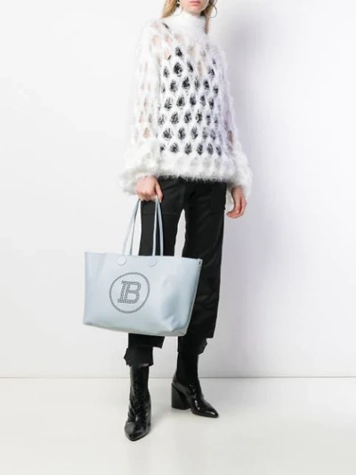 Shop Balmain Perforated Monogram Tote Bag In 9ac Gris Bleau