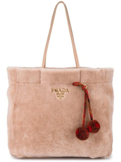 Shop Prada Pink Shopper Shearling Tote Bag - Neutrals