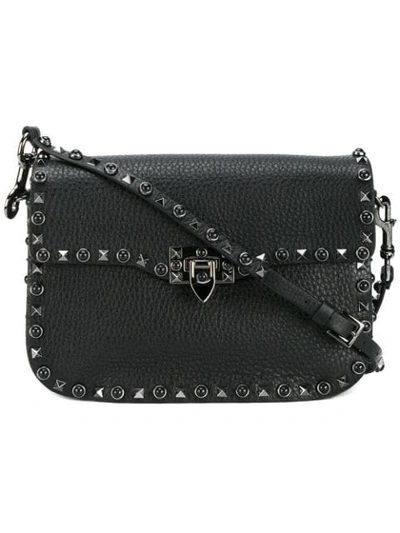 Shop Valentino Black Leather Rockstud Messenger Bag