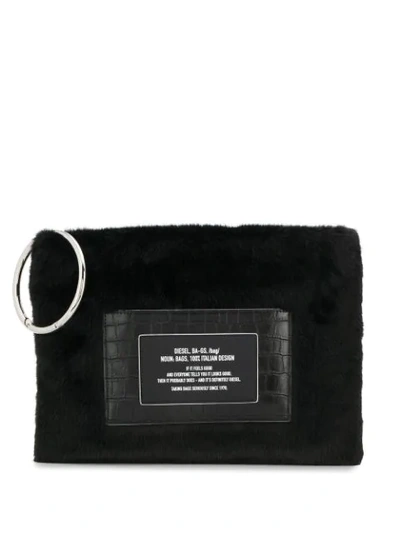 Shop Diesel Faux-fur Clutch With Croc Detail In Black