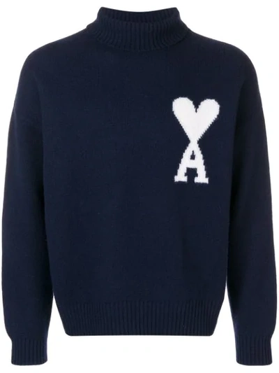 Shop Ami Alexandre Mattiussi Ami De Coeur Intarsia Oversize Funnel Neck Felted Sweater In Blue