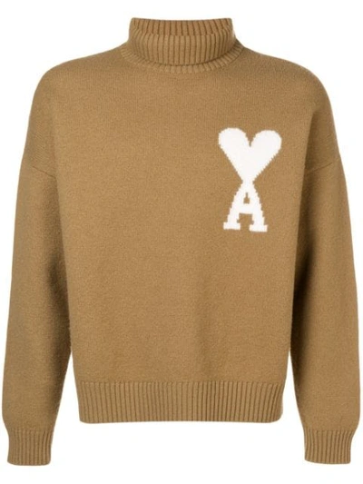 Shop Ami Alexandre Mattiussi Ami De Coeur Intarsia Oversize Funnel Neck Felted Sweater In Neutrals