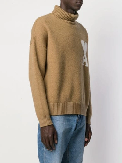 Shop Ami Alexandre Mattiussi Ami De Coeur Intarsia Oversize Funnel Neck Felted Sweater In Neutrals