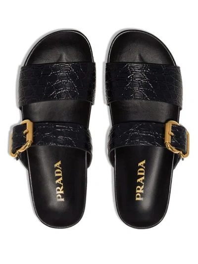 Shop Prada Double Strap Croc-effect Sandals In Black