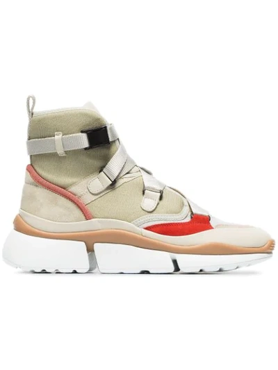 Shop Chloé Beige, Grey And Red Sonnie Suede Leather And Mesh High Top Sneakers In Neutrals