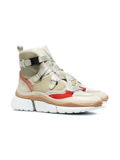 Shop Chloé Beige, Grey And Red Sonnie Suede Leather And Mesh High Top Sneakers In Neutrals