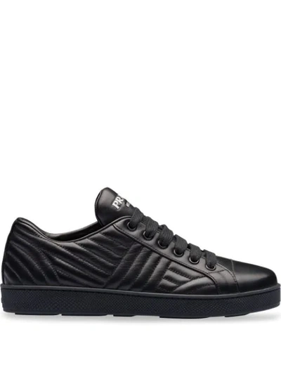 Shop Prada Leather Sneakers In Schwarz