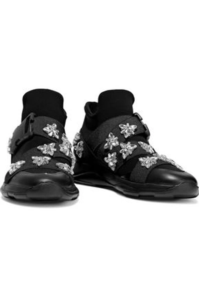Shop Christopher Kane Crystal-embellished Neoprene Sneakers In Black