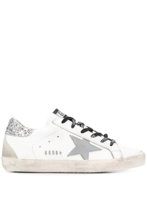 white & silver glitter tab superstar sneakers