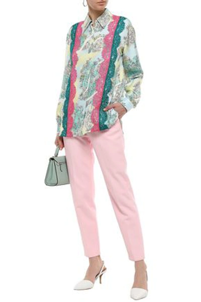 Shop Emilio Pucci Lace-trimmed Floral-print Silk-twill Shirt In Sky Blue