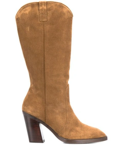 Shop Stuart Weitzman Cheska Calf Boots In Brown