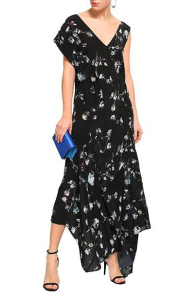 Shop Preen Line Dana Asymmetric Floral-print Crepe De Chine Midi Dress In Black
