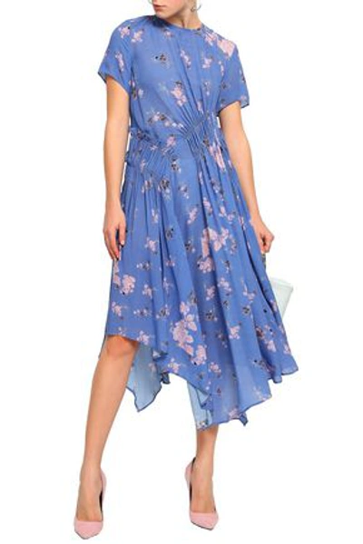 Shop Preen Line Lois Ruched Floral-print Crepe De Chine Midi Dress In Azure