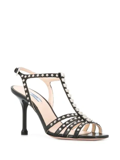 Shop Prada Studded T-bar Sandals In Black ,silver