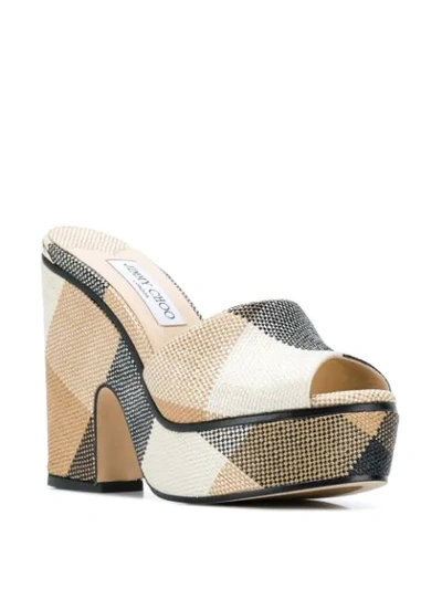 Jimmy Choo Deedee 125 Black And Caramel Check Raffia Wedges In Black/caramel