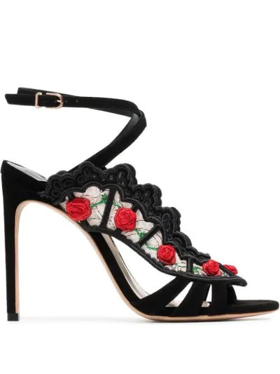 Shop Sophia Webster Black Carmen 100 Floral Embellished Lace Suede Sandals