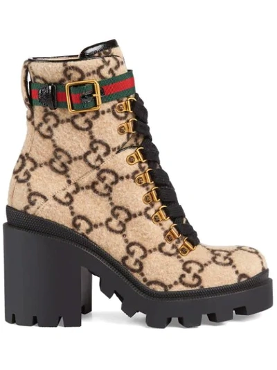 Shop Gucci Beige Gg Logo Wool Ankle Boot In Neutrals