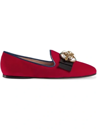 Shop Gucci Velvet Ballet Flat With Bee In Red