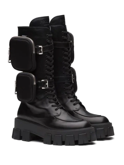 Prada Monolith Nylon Pocket-detailed Leather Combat Boots In Black