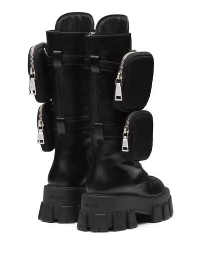 Prada Monolith Nylon Pocket-detailed Leather Combat Boots In Black