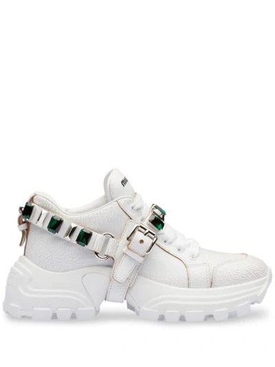 Shop Miu Miu Crackled Crystal Embellished Sneakers In F0f7z White/emerald Green