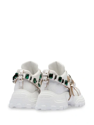 Shop Miu Miu Crackled Crystal Embellished Sneakers In F0f7z White/emerald Green