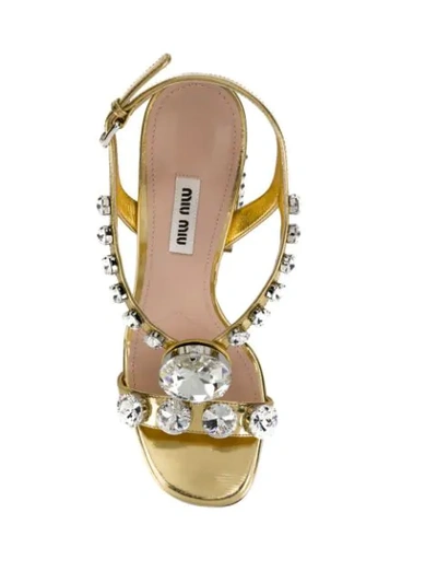 Shop Miu Miu Metallic Gold 105 Crystal Embellished Patent Leather Sandals