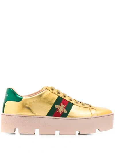 Shop Gucci Ace Embroidered Platform Sneakers In Gold