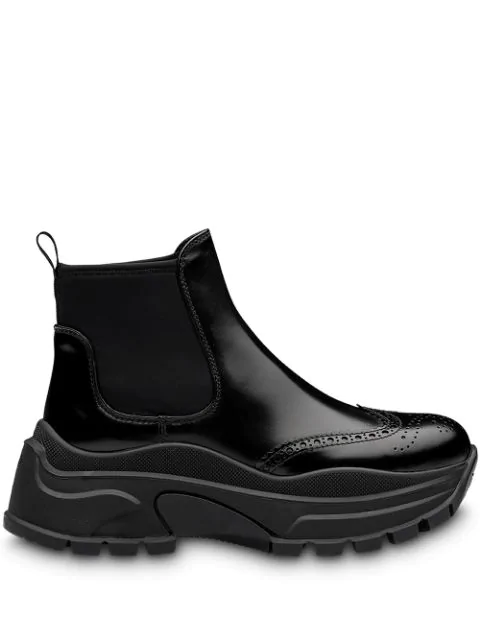 Prada Brushed Leather And Neoprene Booties In F0002 Black Modesens