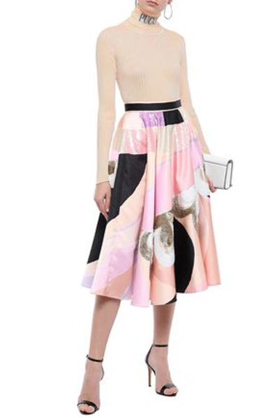 Shop Emilio Pucci Flared Embellished Printed Satin Skirt In Peach