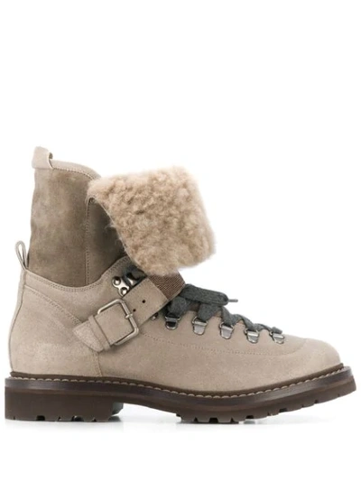 Shop Brunello Cucinelli Fur Lined Lace-up Boot In Neutrals