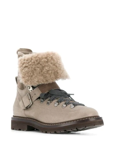 Shop Brunello Cucinelli Fur Lined Lace-up Boot In Neutrals